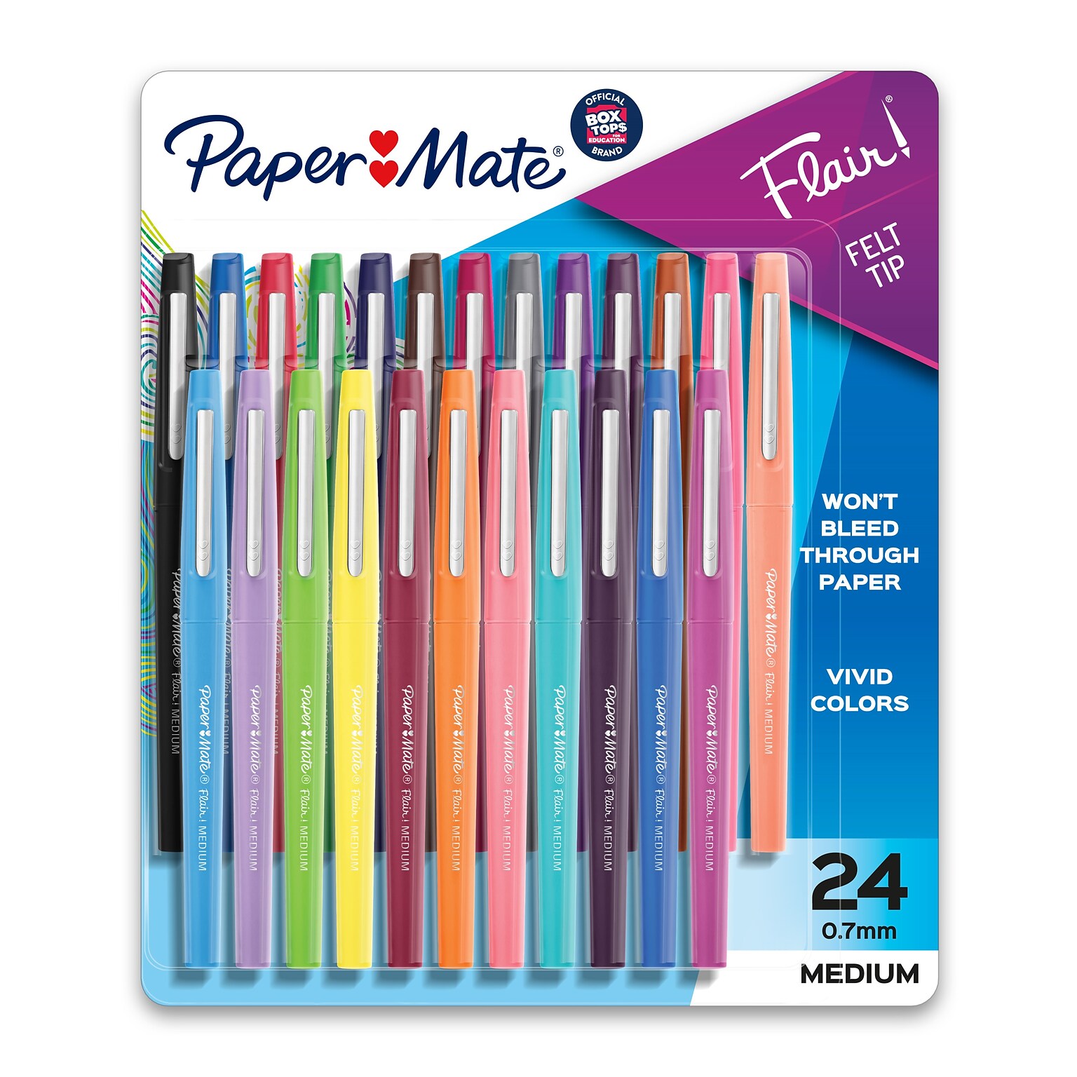 Paper Mate Flair Felt Pens, Medium Point, 0.7mm, Assorted Ink, 24/Pack (1978998)