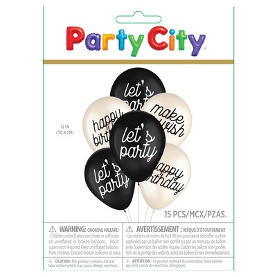 Party City 12 Birthday Chic Latex Balloons, Black/White, 15/Pack (AM60050015-PC)
