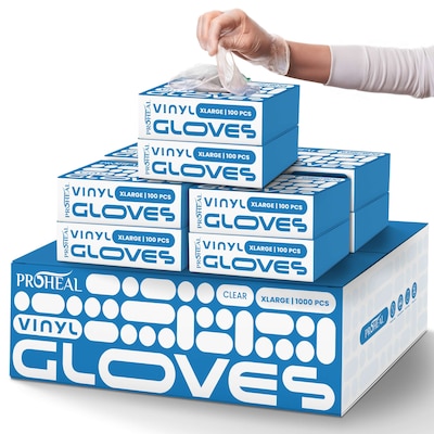 ProHeal Clear Vinyl Disposabel Gloves, Powder and Latex Free, XL, 1000 Count (PH-16533C)
