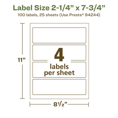 Avery EcoFriendly Laser/Inkjet Rectangle Multipurpose Labels, 2-1/4" x 7-3/4", White, 100/Pack (94244)