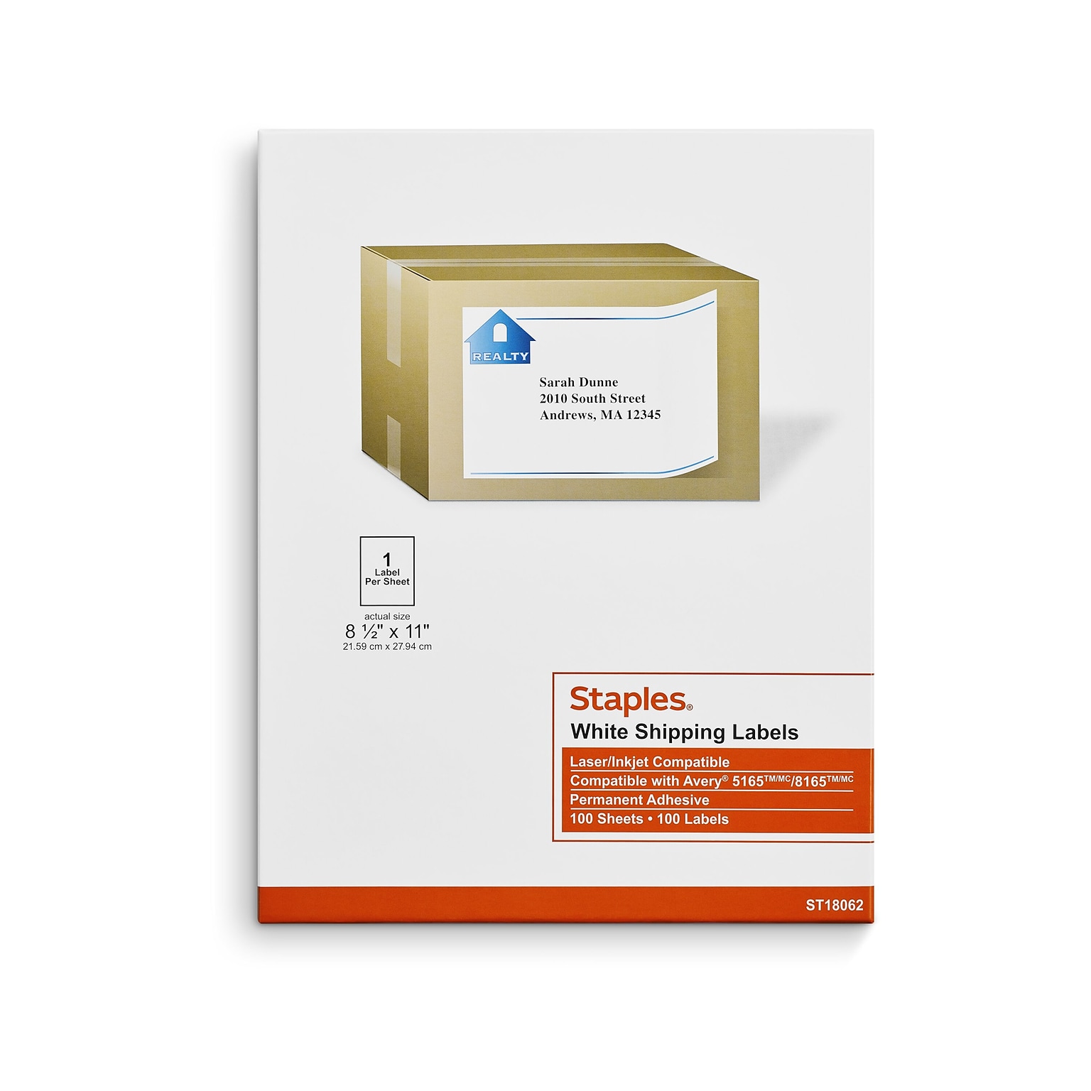 Staples® Laser/Inkjet Shipping Labels, 8 1/2 x 11, White, 1 Label/Sheet, 100 Sheets/Box (ST18062-CC)
