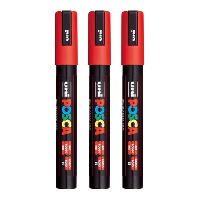 POSCA PC-5M Water Based Paint Marker, Medium Bullet Tip, Red, 3/Pack (UBCPC5MRED-3)