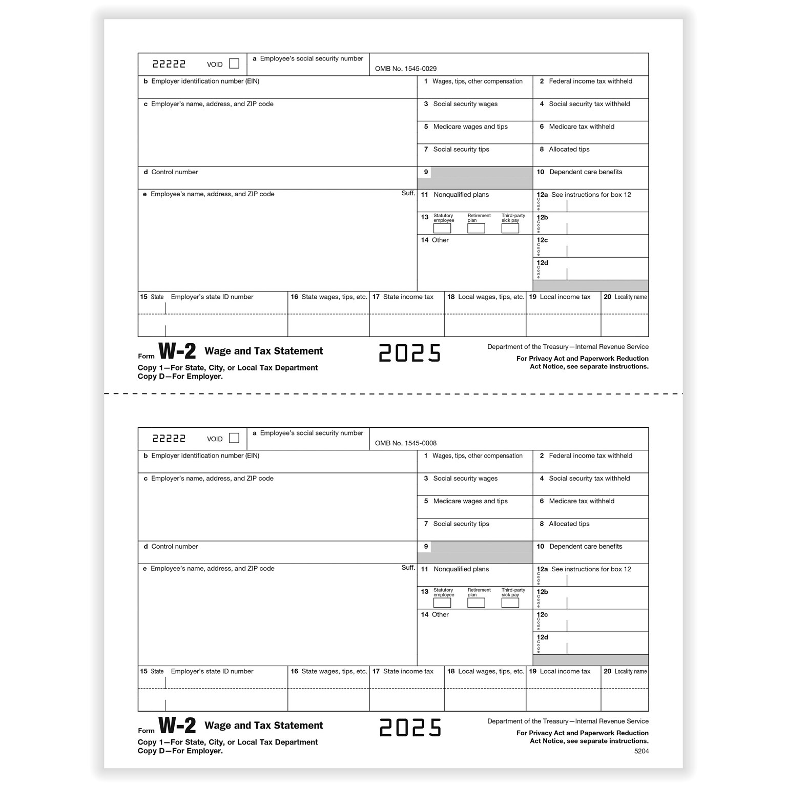 ComplyRight 2025 W-2 Tax Form, 1-Part, 2-Up, Employer Copy D, 50/Pack (520450)
