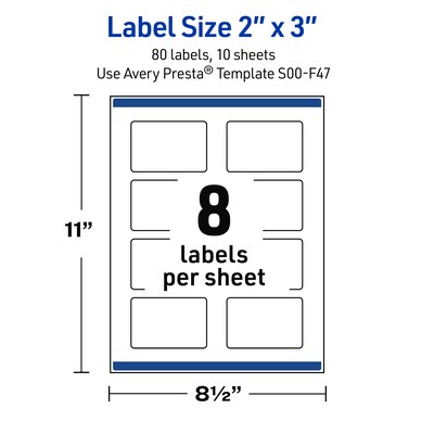 Avery Laser/Inkjet Rectangle Multipurpose Labels, 2" x 3", White, 80/Pack (S00F47)