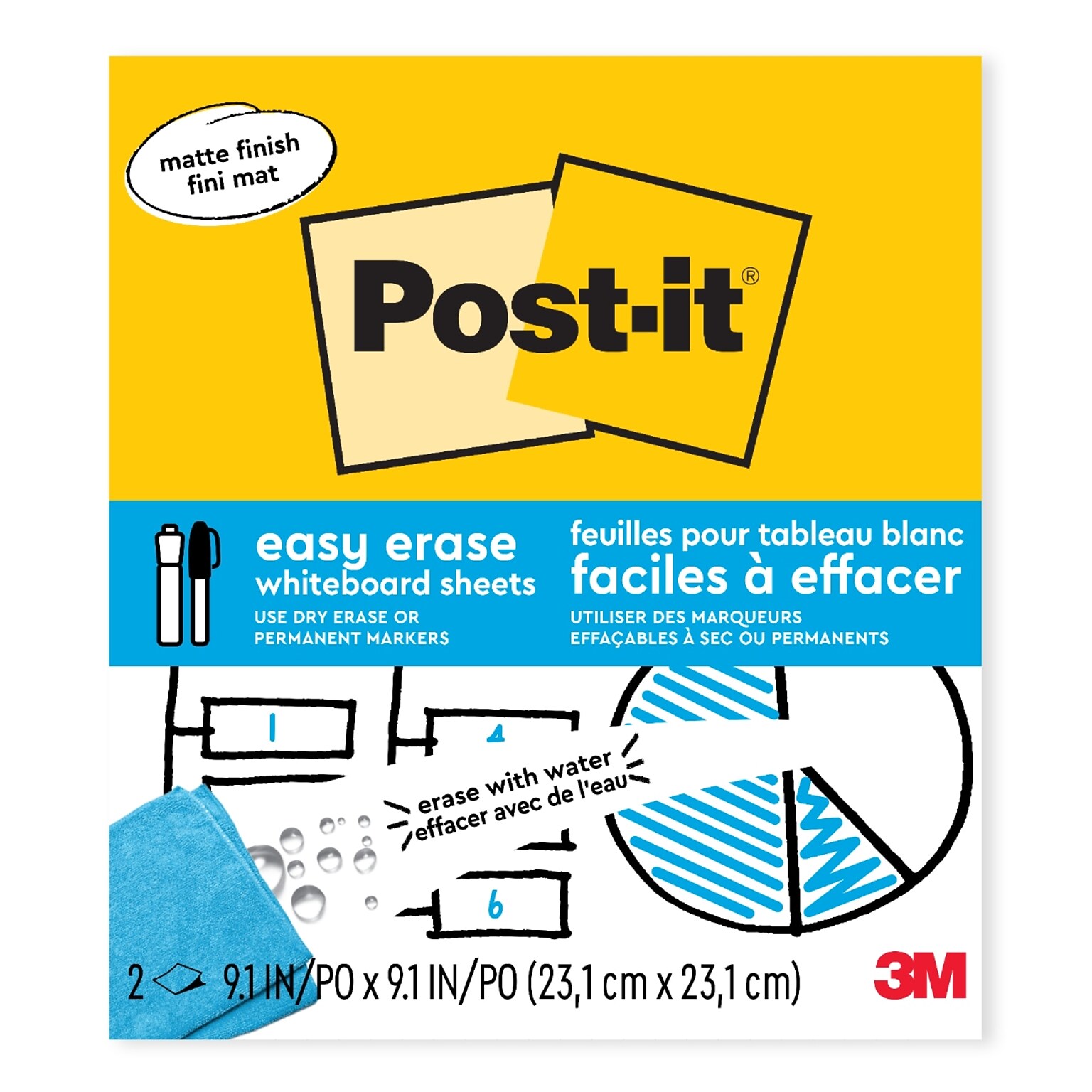 Post-it Easy Erase Plastic Adhesive Dry-Erase Whiteboard, 9.1 x 9.1, 2/Pack (FWS-Sheets-2PK)
