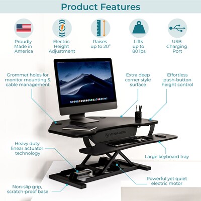VersaDesk PowerPro 36"W Electric Adjustable Standing Corner Desk Converter, Black (VT77136330101)