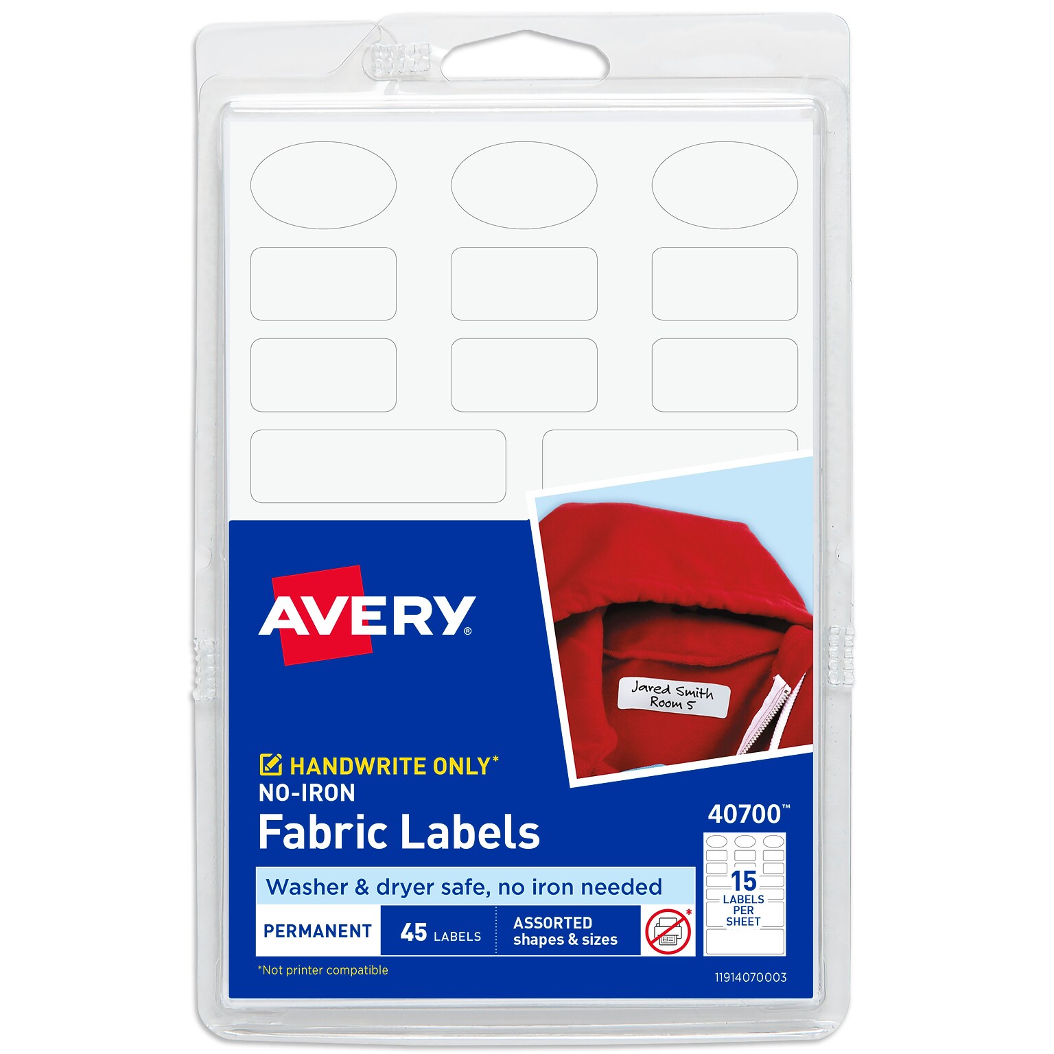 Avery No-Iron Fabric Labels, Assorted Shapes and Sizes, White, Non-Printable, 45 Labels/Pack (40700)