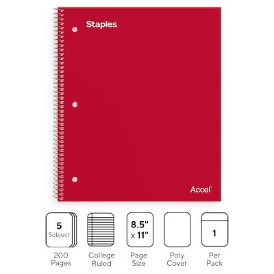 Staples Premium 5-Subject Notebook, 8.5" x 11", College Ruled, 200 Sheets, Red (ST58319)