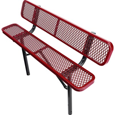 Global Industrial 6' Outdoor Steel Bench w/ Backrest, Expanded Metal, In Ground Mount, Red (277154IRD)