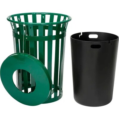 Global Industrial Outdoor Slatted Steel Trash Can w/ Flat Lid, 36 Gallon, Green (237726GN)