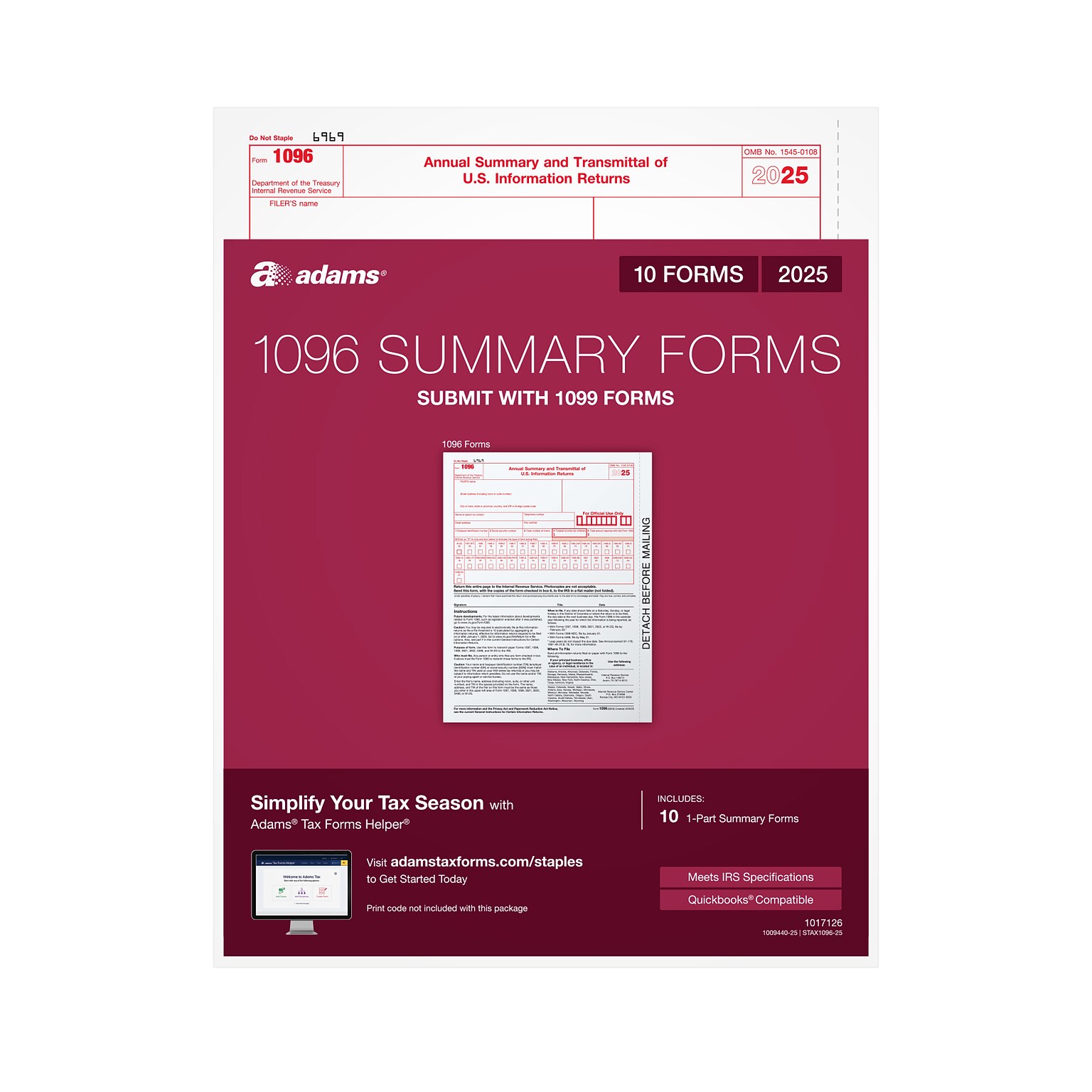 Adams 2025 1096 Summary Tax Form, 1-Part, A, 10/Pack (STAX1096-25)