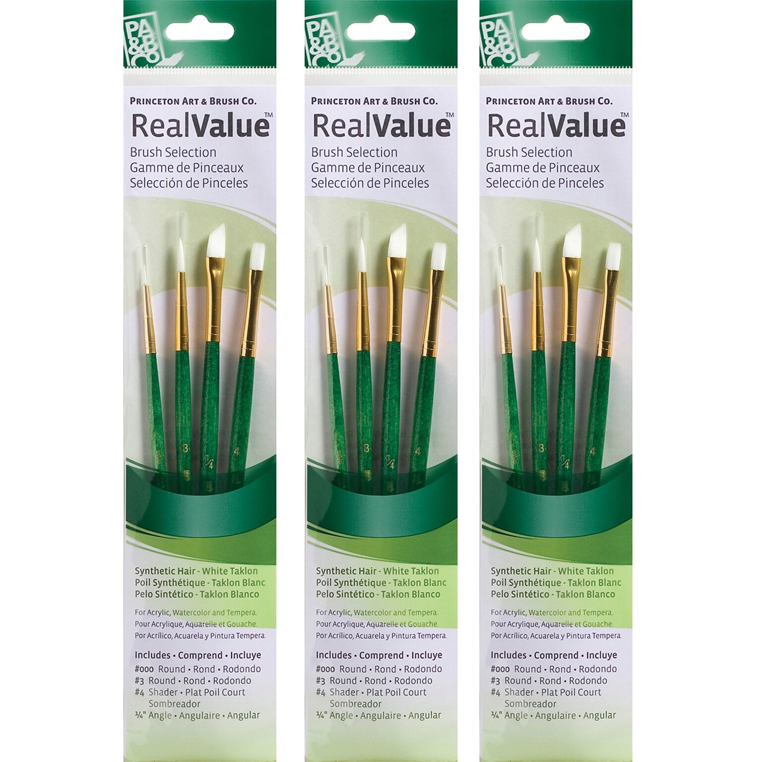 Princeton RealValue Short Handle Mixed Media Synthetic Taklon Variety Brush Set, 4/Set, 3 Sets/Bundle (PBXPR9117-3)