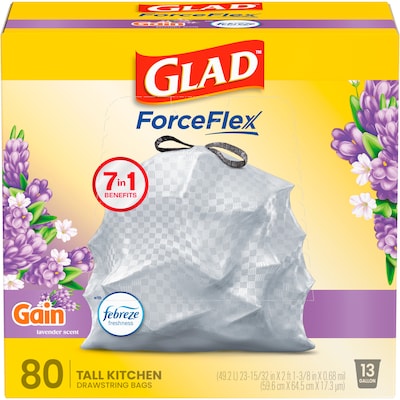 Glad ForceFlex Tall 13 Gallon Drawstring Kitchen Trash Bag, Gain Lavender with Febreze Freshness, Gray, 80 Total Bags (78533)