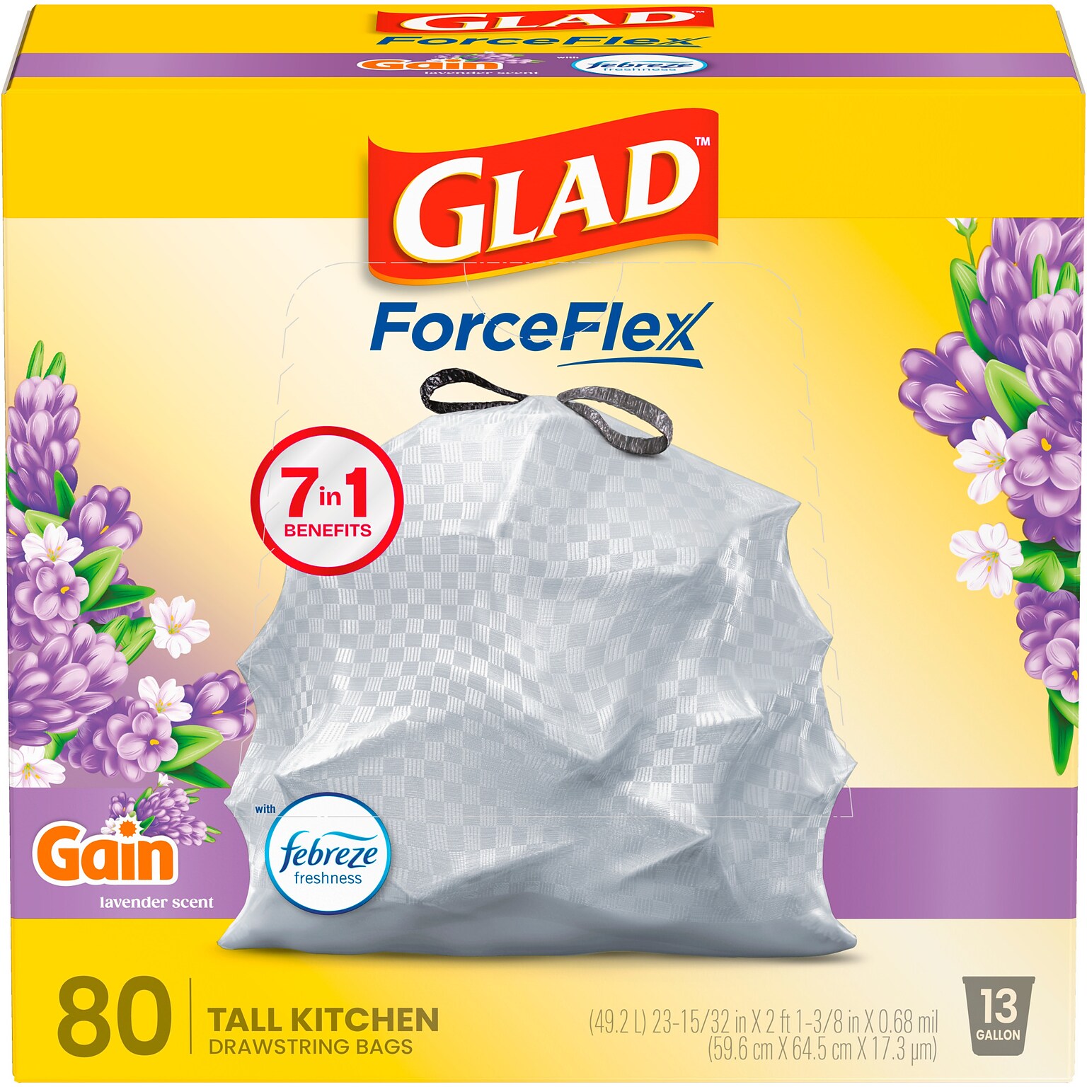 Glad ForceFlex Tall 13 Gallon Drawstring Kitchen Trash Bag, Gain Lavender with Febreze Freshness, Gray, 80 Total Bags (78533)