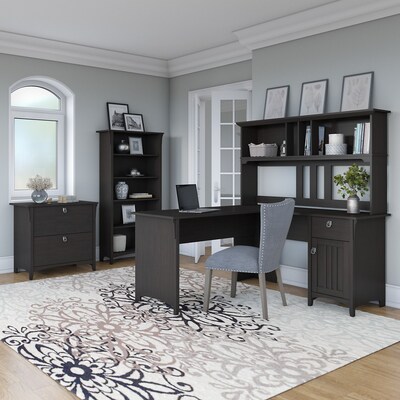 Bush Furniture Salinas 60"W L Shaped Desk with Hutch, Lateral File Cabinet and 5 Shelf Bookcase, Vintage Black (SAL007VB)