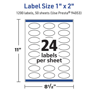 Avery TrueBlock Laser/Inkjet Oval Multipurpose Labels, 1" x 2", White, 1200/Box (94053)