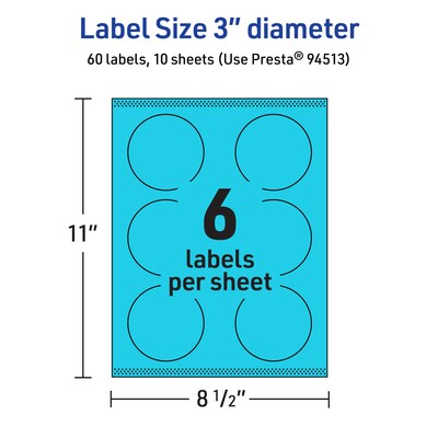 Avery Laser/Inkjet Multipurpose Circle Labels, 3" Dia., Bright Blue, 60/Pack (94513)