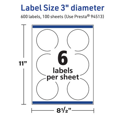 Avery Laser/Inkjet Round Multipurpose Labels, White, 6 Labels/Sheet, 100 Sheets/Pack (94513-TWMP100)