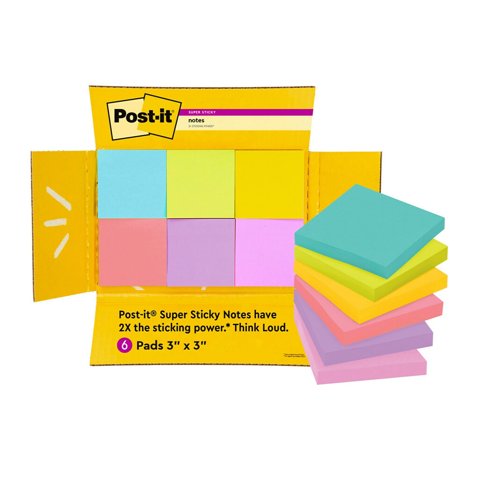 Post-it Super Sticky Notes, 3 x 3, Assorted Collection, 90 Sheet/Pad, 6 Pads/Pack (654-6SSMX-SIOC)
