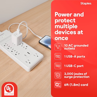 Staples TECH 10-Outlet 2-USB Port Surge Protector, 6, 3000 Joules, White (ST62776)