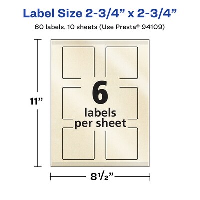 Avery Pearlized Ivory Square Multipurpose Labels, 2.75" x 2.75", Ivory, 60/Pack (94109)