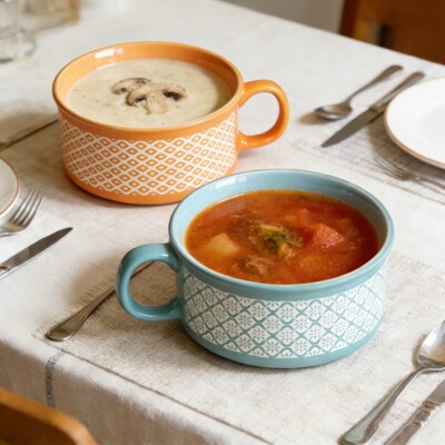 Gourmet Edge 2-pc 22oz Ceramic Soup Mug Set-Orange, Viridian