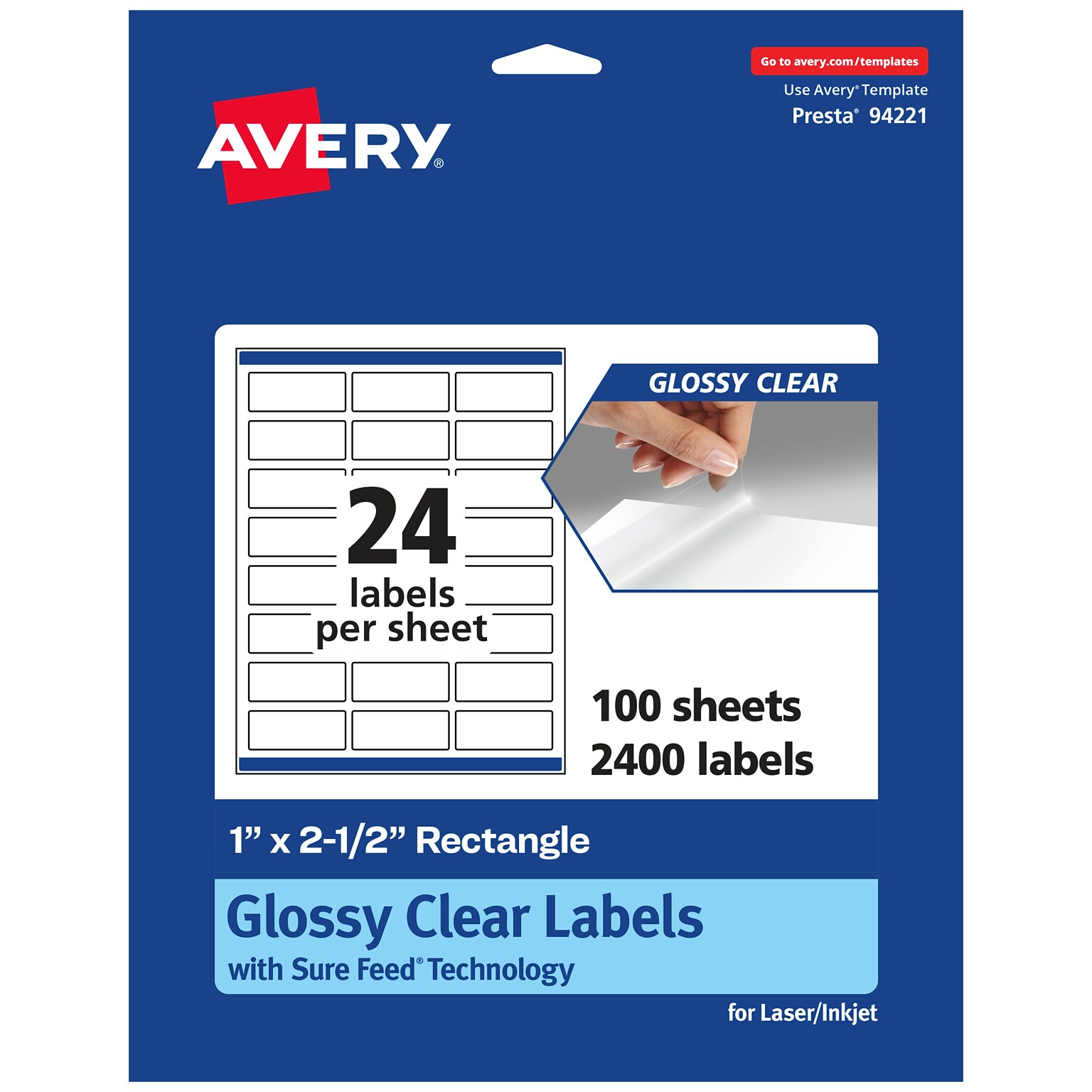Avery Laser/Inkjet Multipurpose Labels, 2.5 x 1, Glossy Clear, 2400/Box (94221)