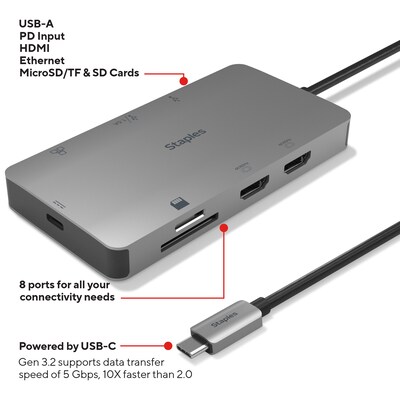 Staples TECH 8-Port Hub, Gray (ST62383)