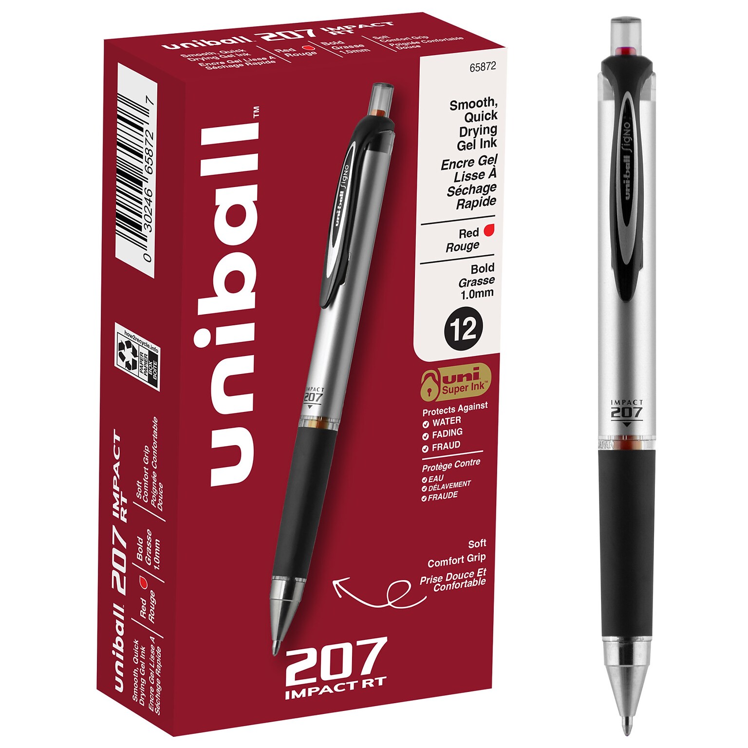 uni-ball 207 Impact RT Retractable Gel Pens, Bold Point, Red Ink, Dozen (65872)