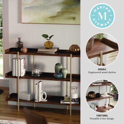 Martha Stewart Emmett 35 3-Shelf Storage Display Unit Bookcase, Walnut Engineered Wood/Polished Bra