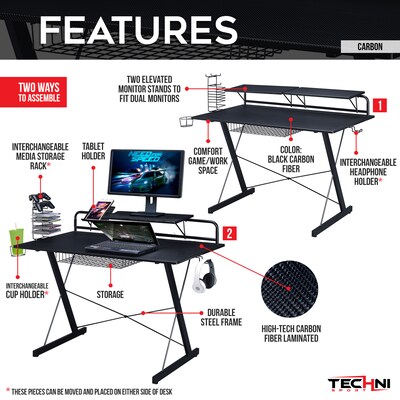 Techni Sport Carbon Computer Gaming Desk with Shelving, Black (RTA-TS200-BK)