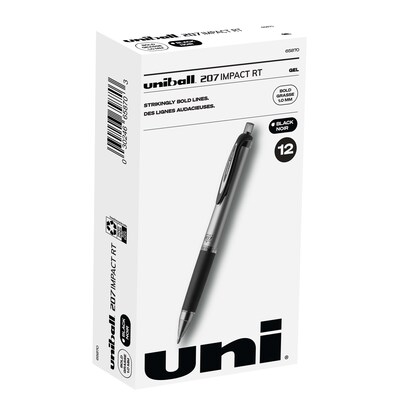 uni-ball 207 Impact RT Retractable Gel Pens, Bold Point, Black Ink, Dozen (65870)