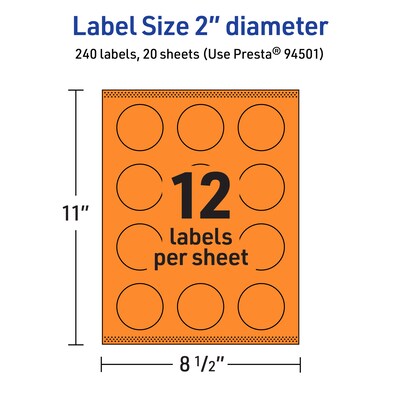 Avery Laser/Inkjet Multipurpose Circle Labels, 2" Dia., Bright Orange, 240/Pack (94501)