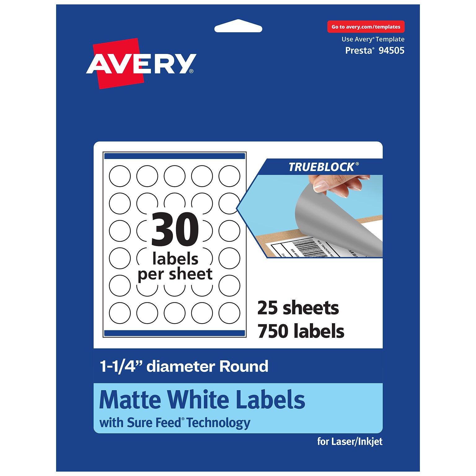 Avery TrueBlock Laser/Inkjet Circle Multipurpose Labels, 1.25 Dia., White, 750/Pack (94505)