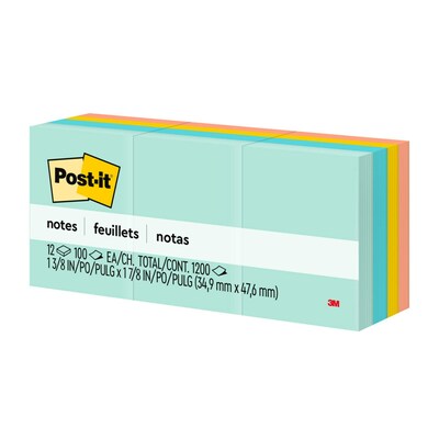 Post-it Notes, 1 3/8" x 1 7/8", Beachside Café Collection, 100 Sheets/Pad, 12 Pads/Pack (653-AST)