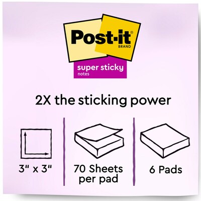 Post-it Recycled Super Sticky Notes, Wanderlust Pastels Collection, 3" x 3",  70 Sheets/Pad, 6 Pads/Pack (654-6SSNRP)