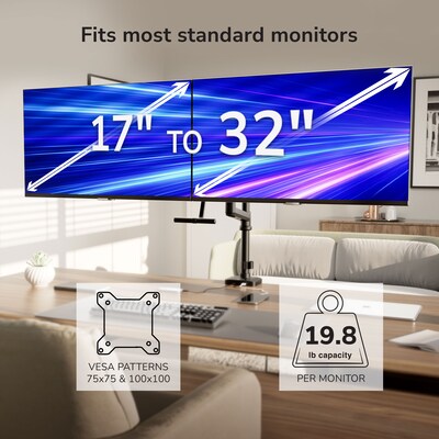 Mount-It! Dual Monitor Gas Spring Desk Mount with Pole and Crossbar For Screens Up to 32", 19.8 lbs Per Arm, Black (MI-12005)