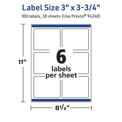 Avery TrueBlock Laser/Inkjet Rectangle Multipurpose Labels, 3" x 3.75", White, 300/Box (94248)