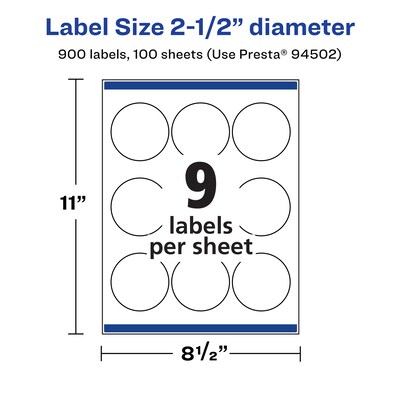 Avery Laser/Inkjet Round Multipurpose Labels, 2.5" Dia., White, 900 Labels/Box (94502)