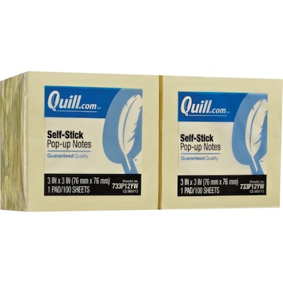 Quill Brand® Self-Stick Pop-Up Notes, 3 x 3, Yellow, 100 Sheets/Pad, 12 Pads/Pack (733P12YW)