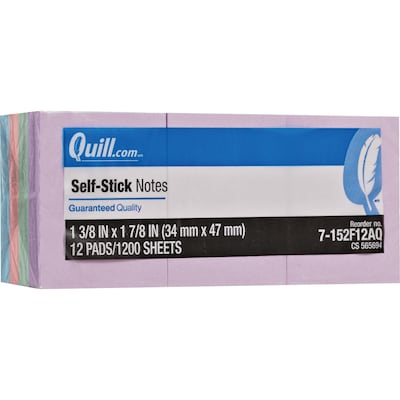 Quill Brand® Self-Stick Notes, 1-3/8 x 1-7/8, Coastal Pastel Colors, 100 Sheets/Pad, 12 Pads/Pack