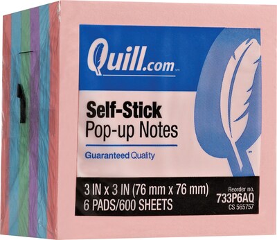 Quill Brand® Self-Stick, Pop-Up Notes, 3 x 3, Coastal Pastel Colors, 6 Pack (733P6AQ)