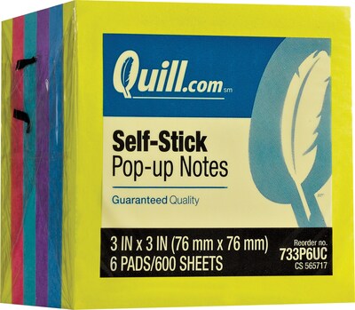 Quill Brand® Self-Stick Pop-Up Notes, 3 x 3, Mega Colors, 100 Sheets/Pad, 6 Pads/Pack (733P6UC)