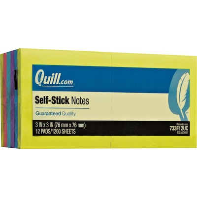Quill Brand® Self-Stick Notes, 3 x 3, Mega Colors, 100 Sheets/Pad, 12 Pads/Pack (733F12UC)