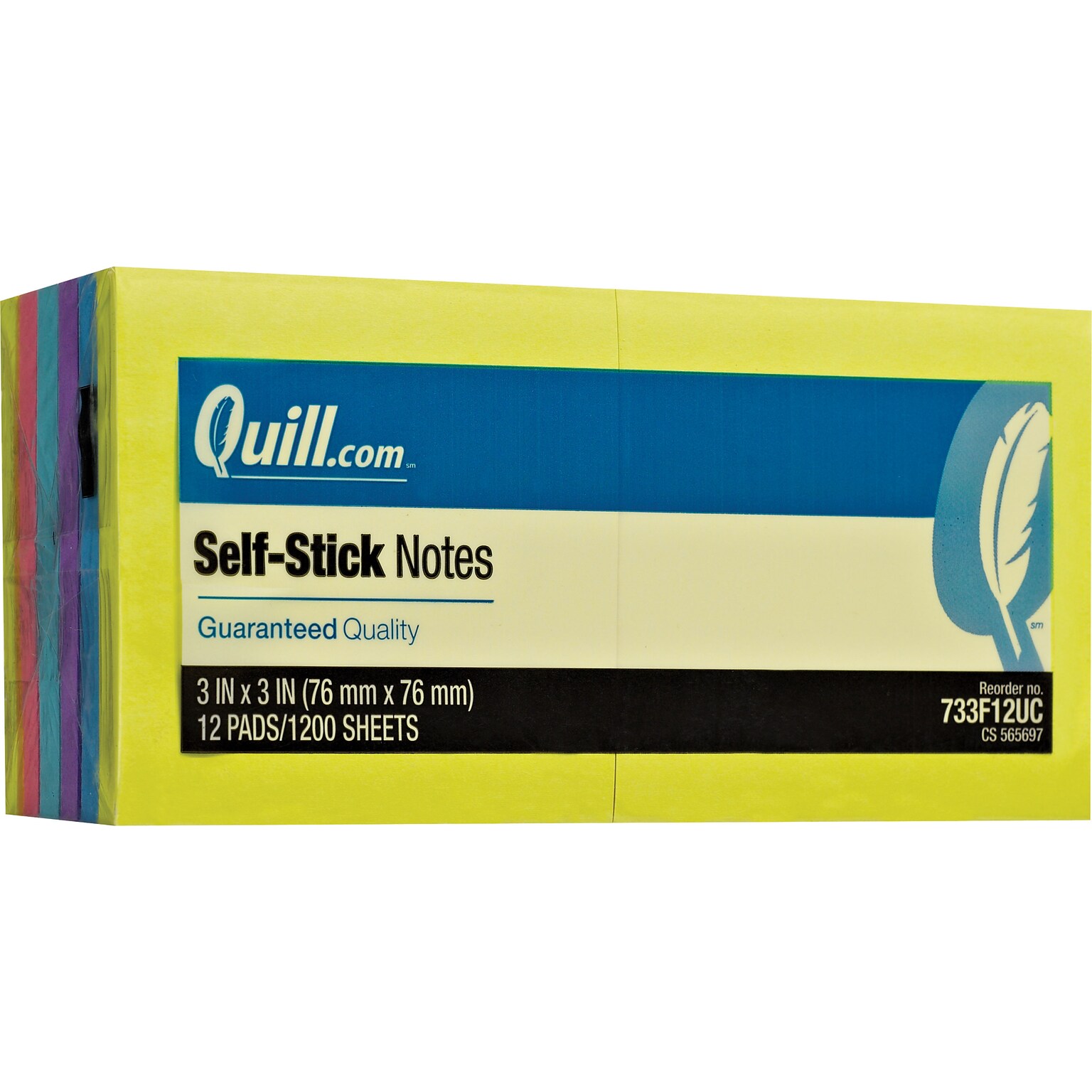 Quill Brand® Self-Stick Notes, 3 x 3, Mega Colors, 100 Sheets/Pad, 12 Pads/Pack (733F12UC)