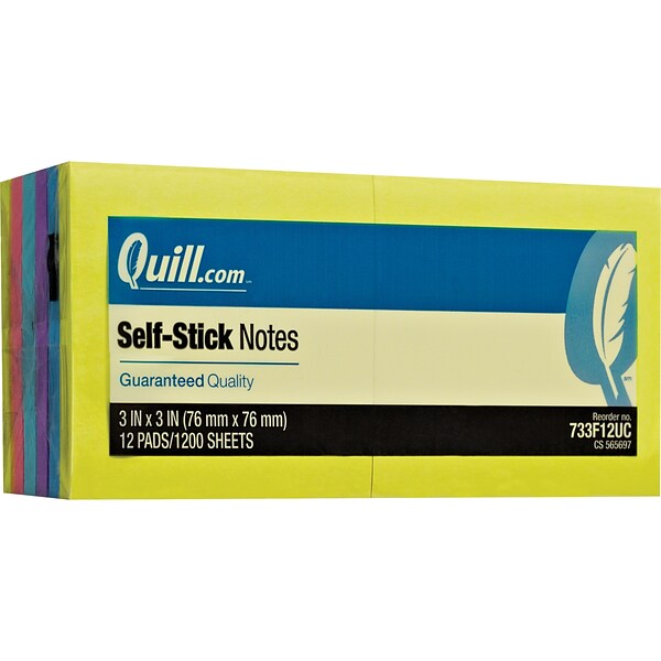 Quill Brand® Self-Stick Notes, 3 x 3, Mega Colors, 100 Sheets/Pad, 12 Pads/Pack (733F12UC)
