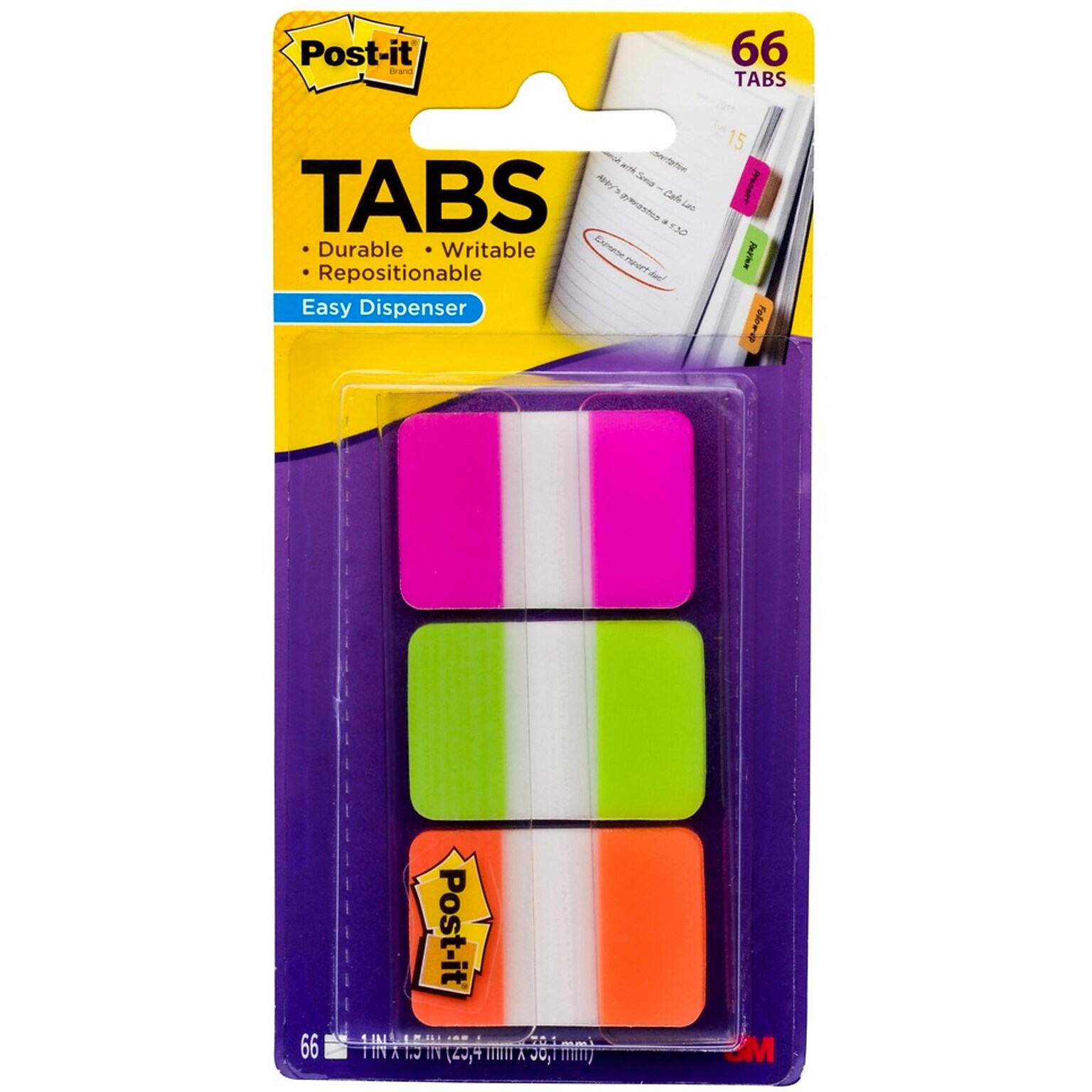 Post-it Tabs, 1 Wide, Solid, Assorted Colors, 66 Tabs,Dispenser (686-PGO)