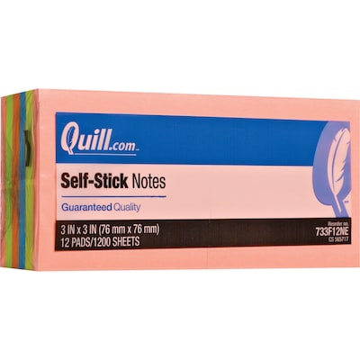 Quill Brand® Self-Stick Notes, 3 x 3, Neon Colors, 100 Sheets/Pad, 12 Pads/Pack (733F12NE)