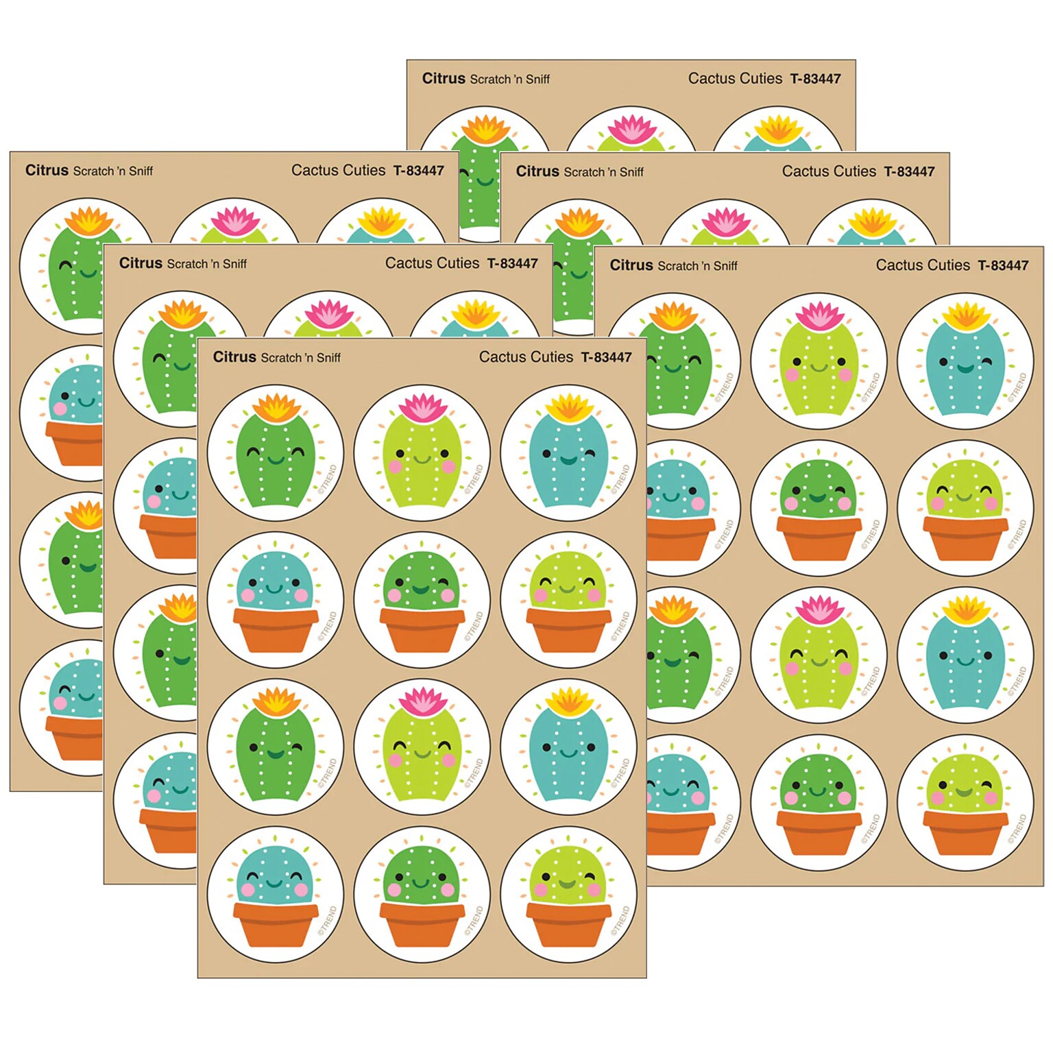 Trend Enterprises Cactus Cuties Citrus scent Scratch n Sniff Stinky Stickers, Multicolored, 48/Pack, 6/Packs/Bundle (T-83447-6)