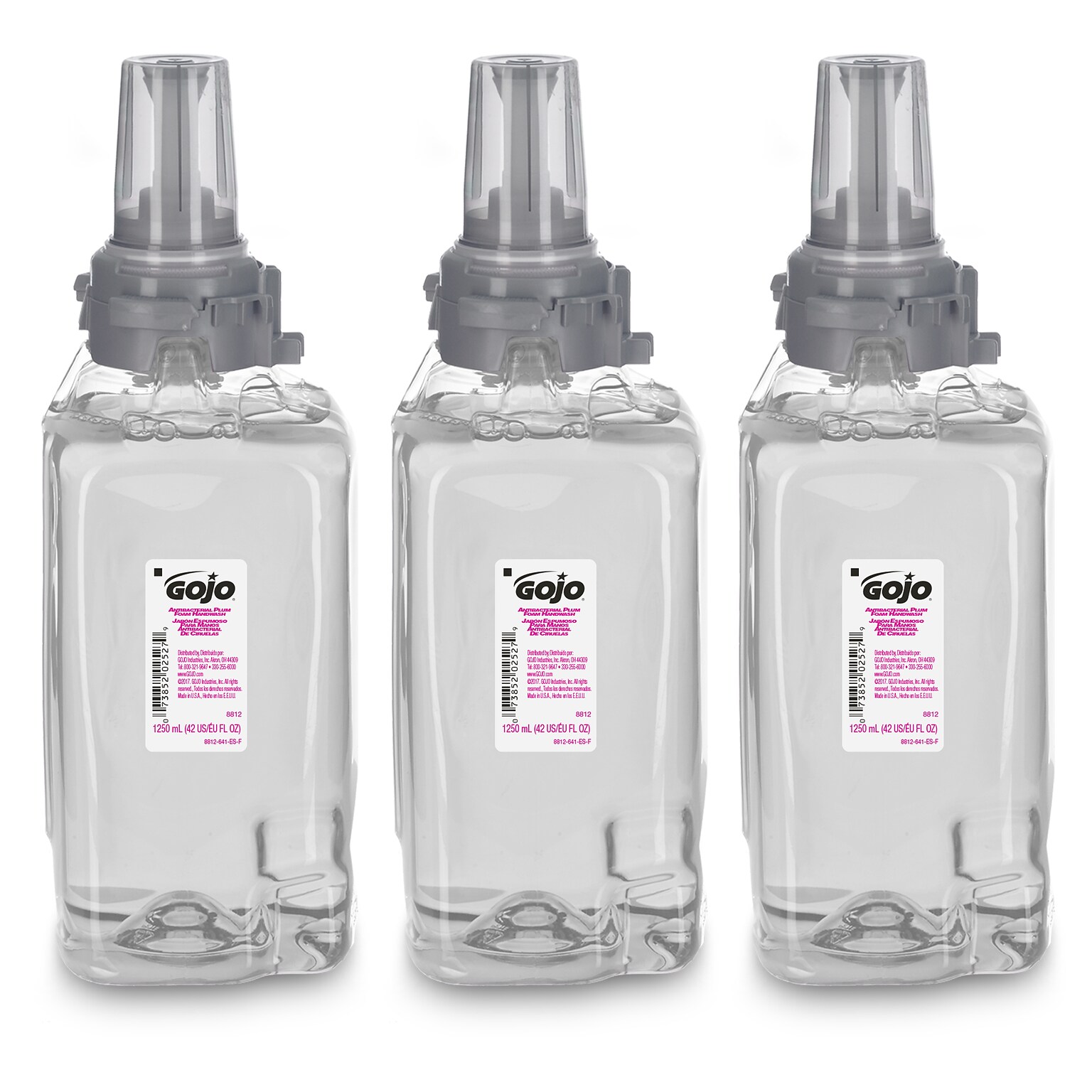GOJO Antibacterial Foaming Hand Soap Refill for ADX-12 Dispenser, Plum Scent, 1250 mL, 3/Carton (8812-03)
